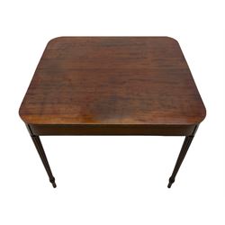 Early 19th century tea table, rectangular fold-over top with rounded corners, the frieze and sides inlaid with satinwood panels, double gate-leg action base, on reeded supports 