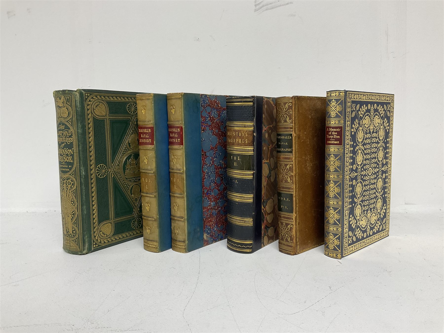 Campbell, John; The Naval History of Great Britain, two volumes, together with De Foe, Daniel; The Life and Adventures of Robinson Crusoe, pub George Routledge and Sons, London, The Works of Flavius Josephus, translated by Whiston, William, pub Henry G Bohn, London, one volume  and two other books