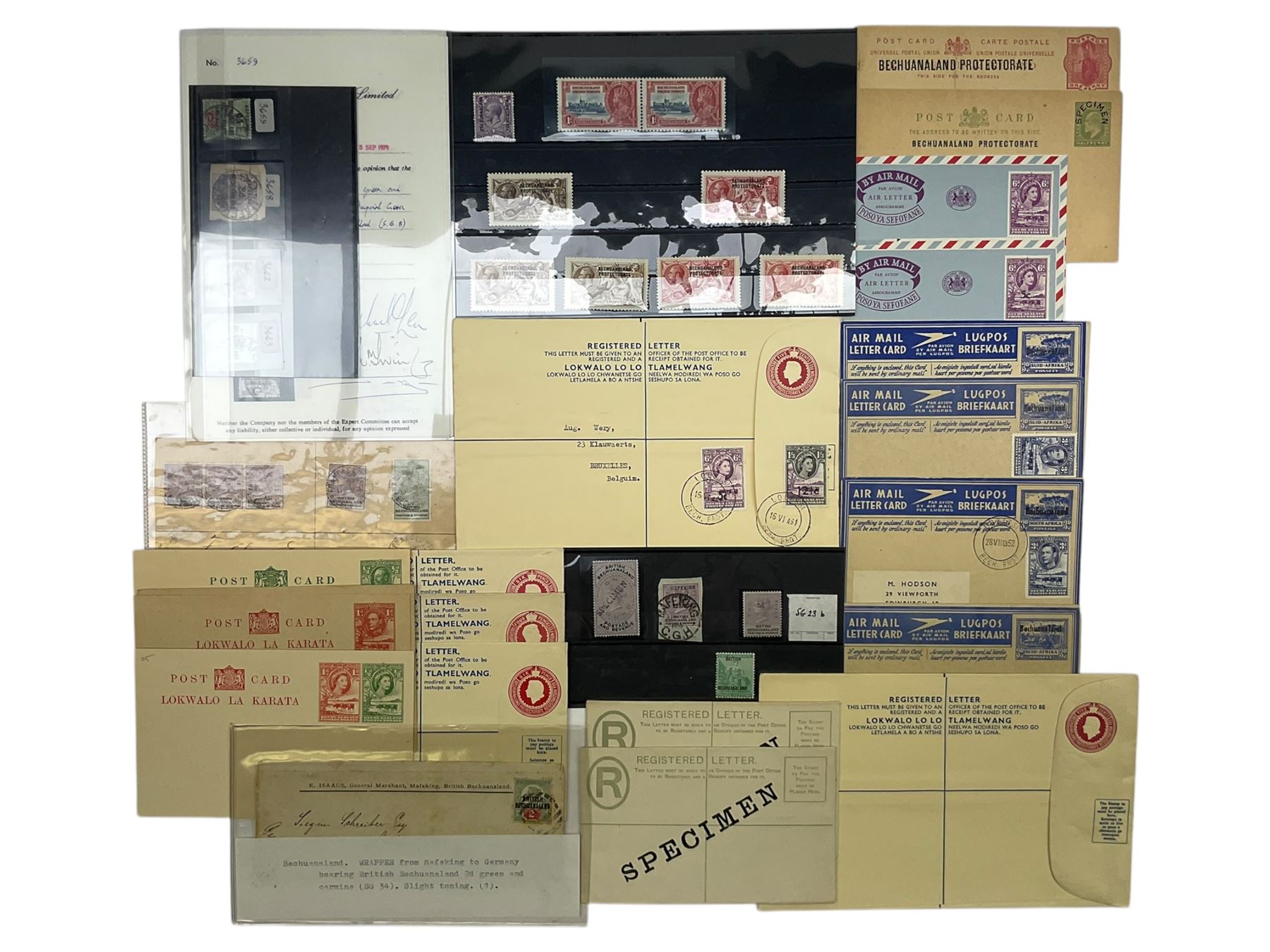Mostly Bechuanaland Queen Victoria and later stamps, including wrapper from Mafeking to Germany with Bechuanaland two pence, King George V Bechuanaland Protectorate overprints on seahorses with half crown and five shillings values, various items of postal stationary, Airmail letters etc