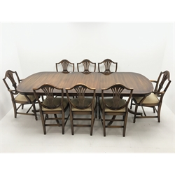 Rackstraw - Georgian style mahogany twin pedestal dining table with single leaf, turned columns on six shaped supports (W180cm and W240cm, H79cm, D104cm) and set eight (6+2) Hepplewhite style dining chairs, shaped cresting, upholstered serpentine seat, square tapering supports on spade feet (W58cm)