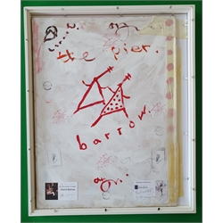 David Barrow (Northern British 1959-): 'The Pier', oil on canvas with cut-out relief laid on board signed, titled and dated December 2014 on artist's studio label verso 40cm x 30cm

