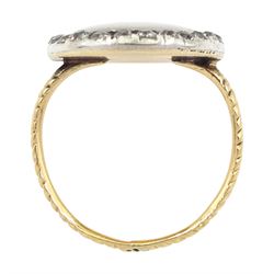 18th/ 19th century gold diamond portrait ring, set with an oval miniature of a woman on ivory, under a glazed panel, with old cut diamond surround and rope twist shank. This lot has been registered for sale under Section 10 of the APHA Ivory Act