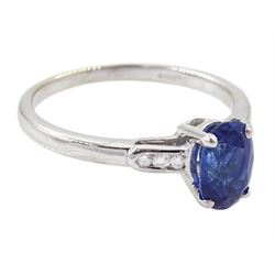 18ct white gold sapphire and diamond ring, single oval cut sapphire of approx 1.20 carat, with diamond set shoulders, hallmarked
