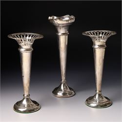 Pair of silver trumpet shape vases with pierced rims H18cm Sheffield 1910 Maker James Deak...