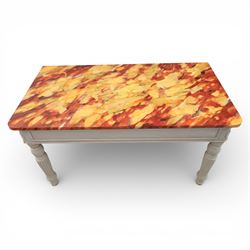 A pair of 19th century style pine console tables, with rectangular simulated marble top over a painted frieze, raised on fluted and turned tapering legs