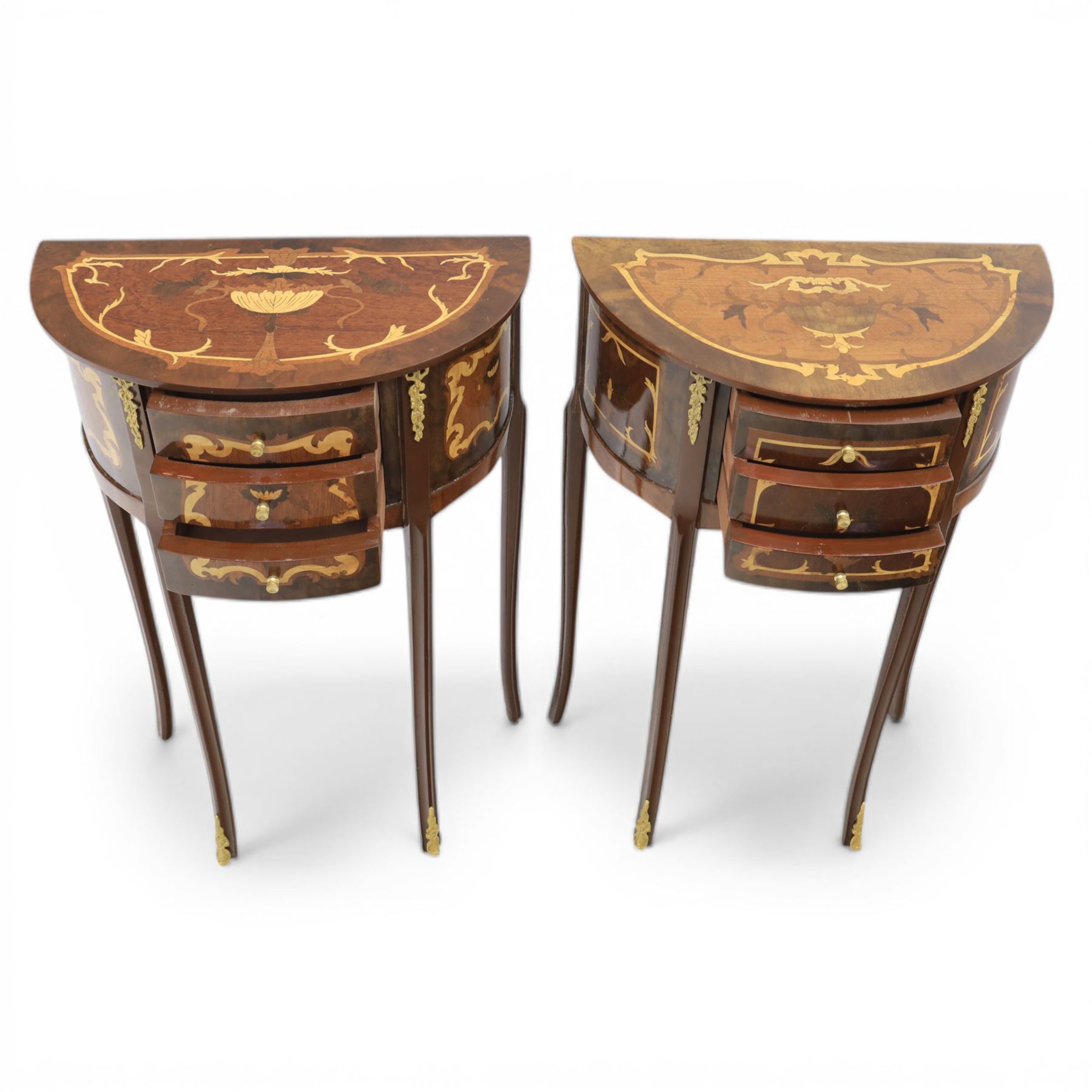 Pair of French style marquetry demi lune bedside tables, inlaid marquetry above three drawers, with applied gilt mounts to the long tapering front supports 