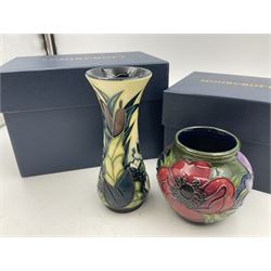 Two small Moorcroft vases, one decorated in the Lamia pattern by Rachel Bison, circa 1995, H13cm and the other in the Anemone Tribute pattern by Emma Bossons, circa 2002, H7.5cm, both with original boxes (2)