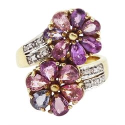 9ct gold sapphire and diamond flower head crossover ring, two flowers each set with pear c...
