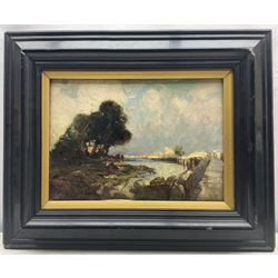 Frank Henry Mason (Staithes Group 1875-1965) and Edith Annie Mason (neé Townley-Fullam) (British 1877-1942): North African Landscape with Figures and Bridge, oil on board signed 25cm x 35cm 
Notes: Frank and Edith married on 26th February 1899 at St Matthew's Church in Elswick, Newcastle, and soon after moved to Rockside House, Blenheim Terrace, Scarborough. Edie (as she was known) was the daughter of Captain George Townley-Fullam (1841-1879), master's mate on the CSS Alabama during the American Civil War, who was lost at sea during a hurricane in the Bay of Biscay whilst captaining the steamer Marlborough.