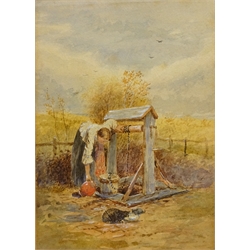  Collecting Water at the Well and Figures in Foraging in Woodland, two 19th century watercolours unsigned 12cm x 7.5cm (2)  