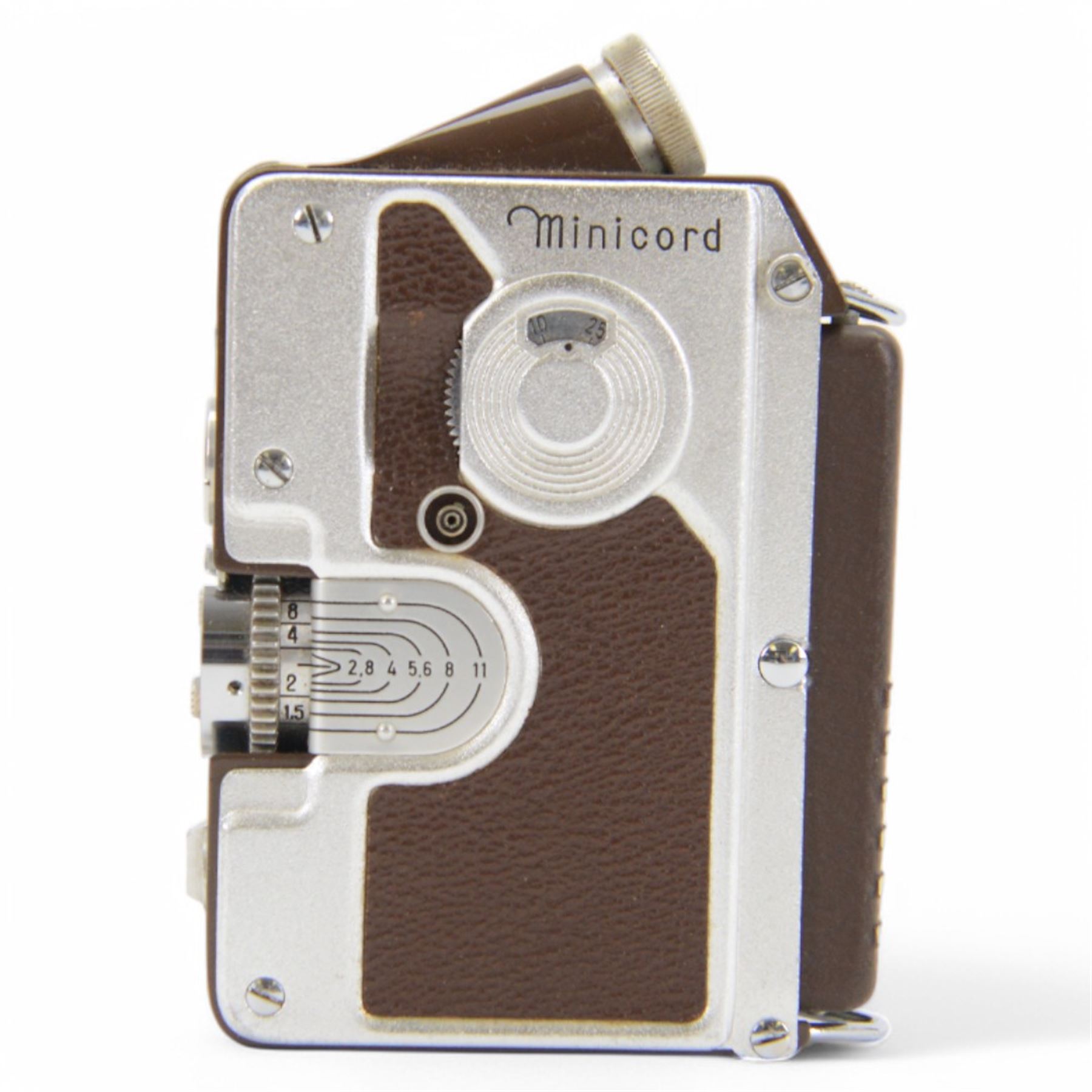 Goerz Minicord Sub-Miniature 16mm camera, serial no. 16878, with a Helgor 1:2 f=2.5cm lens serial no. 16563, in leather carry pouch