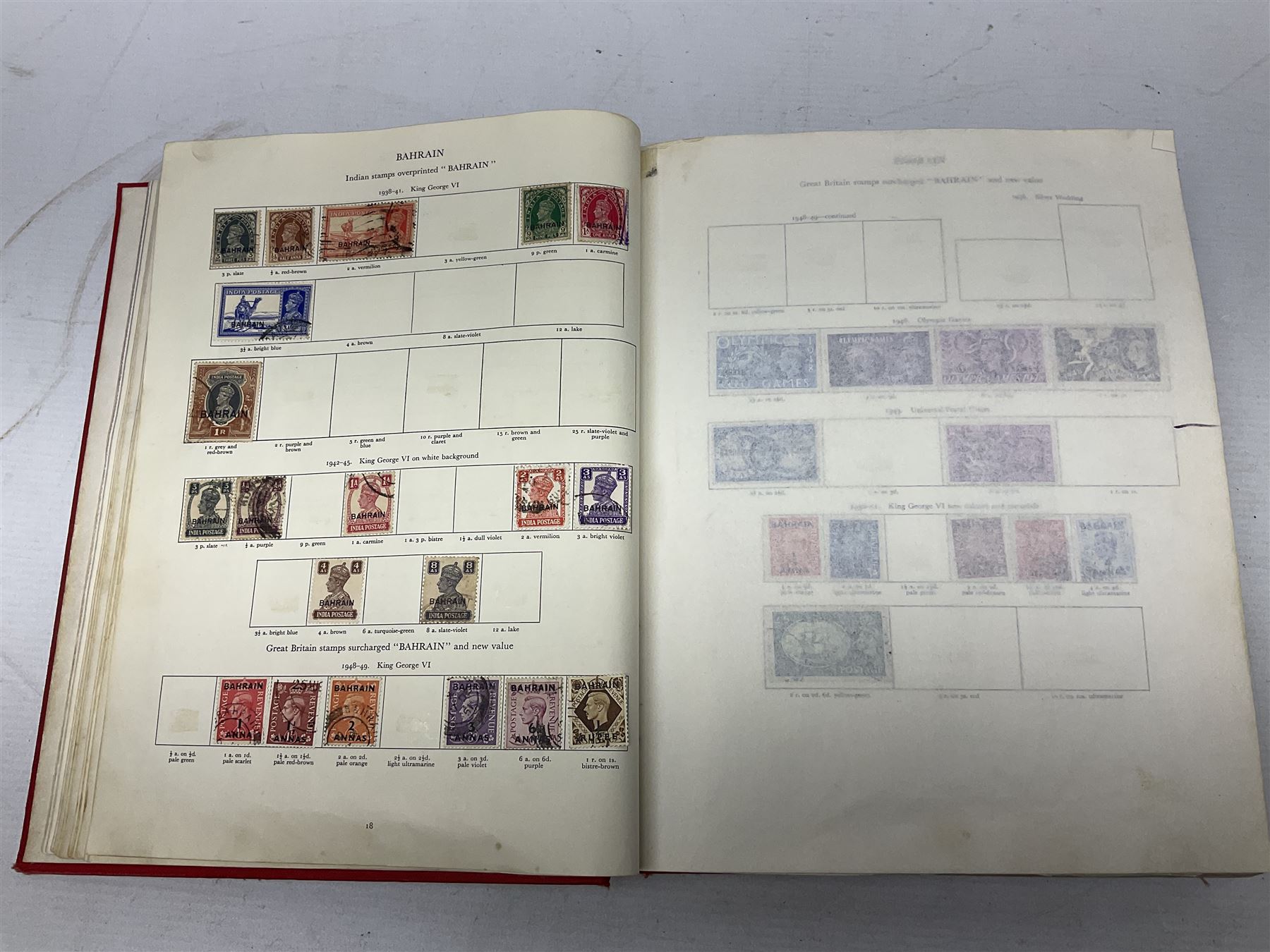 Single album collection of King George VI stamps, including Aden, Antigua, Ascension, Australia, Bahamas, Bahrain, Barbados, Basutoland, Bechuanaland, Bermuda, British Solomon Islands, Brunei, Burma, Cayman Islands, Dominica, Falkland Islands, Gambia, Gilbert and Ellice Islands, Gold Coast, Great Britain 1939-48 set to one pound including ten shilling dark blue, Grenada, Hong Kong, India, Ireland, Jamaica, Leeward Islands, Malta, Mauritius, New Zealand etc