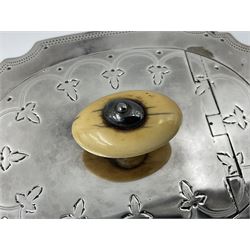 Victorian three-piece silver tea service, comprising teapot, twin handled open sucrier and milk jug, of oval form with shaped rim and C handles, each engraved with crests and bands of strapwork decoration, the milk jug and sucrier with gilt interiors, hallmarked Josiah Williams & Co, Exeter 1881, the teapot with ivory insulators and finial, all contained with a tooled leather, blue silk and velvet lined fitted case, retailed by West & Sun, Dublin 
This item has been registered for sale under Section 10 of the APHA Ivory Act