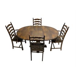 Mid-to late 20th century oak circular extending dining table, raised on turned and foliate carved baluster pedestal on quadriform base (W116cm H75cm); and set four (2+2) oak dining chairs, waived ladder back over floral patterned drop in seat, raised on turned supports (W56cm D46cm H102cm)