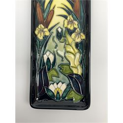 Moorcroft 'Lamia' pattern dish designed by Rachel Bishop, blue ground with lilies and bulrushes, L19.5cm