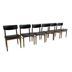 S Chrobat for Sax Mobler - set six mid-20th century Danish teak dining chairs, seat and back rail upholstered in black leatherette, raised on tapering supports