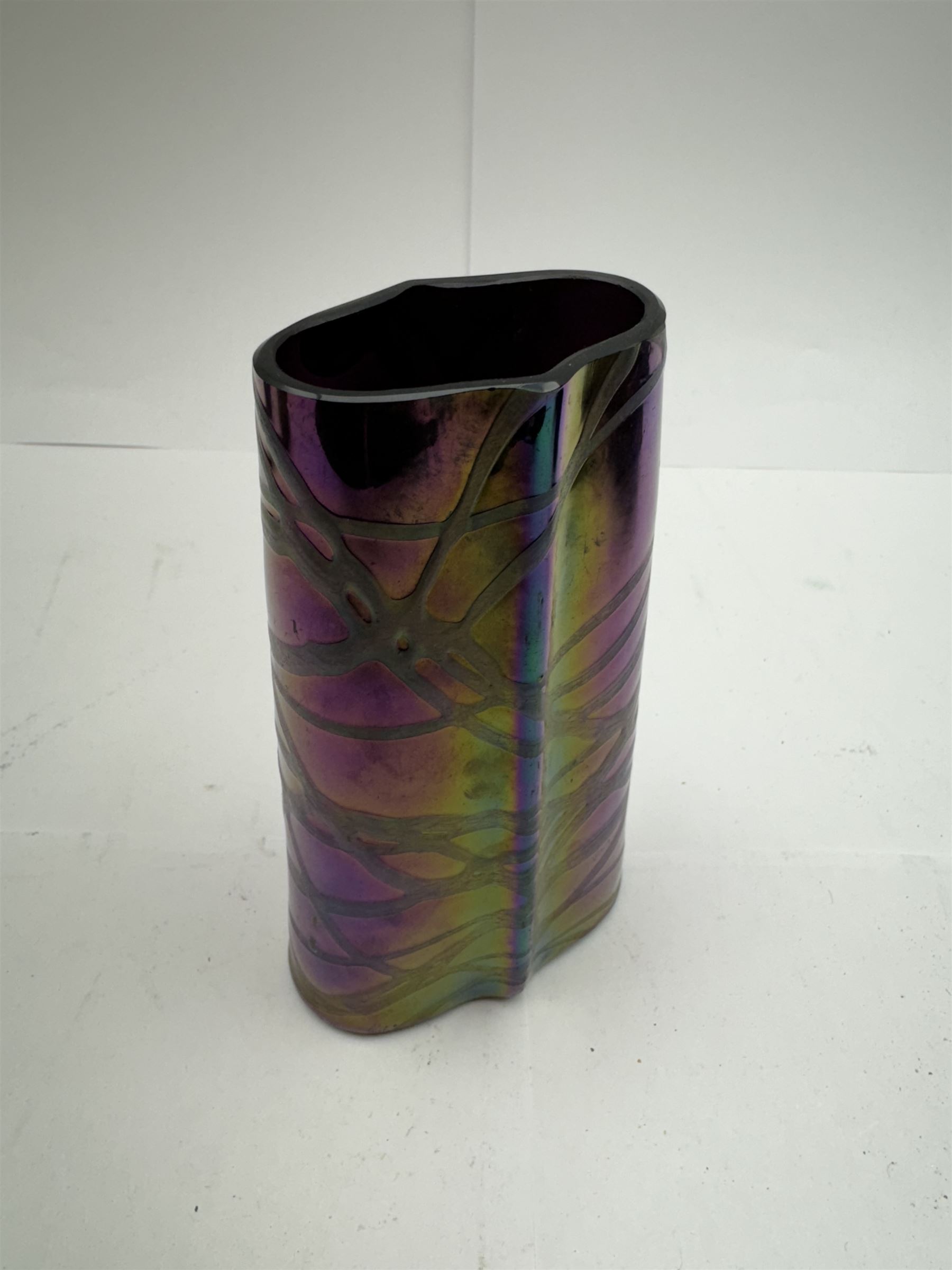 Five Austrian Art Nouveau purple glass vases, to include a Pallme-Konig example, of tapering form with matte vein decoration, and two similar pairs, tallest H16cm