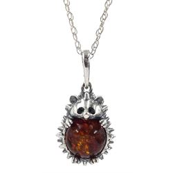 Silver amber hedgehog pendant necklace, stamped 925