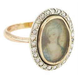 19th century 9ct gold diamond portrait ring, set with an oval miniature of a woman in 18th century dress on ivory, under a glazed panel, with rose cut diamond surround, on later shank. This lot has been registered for sale under Section 10 of the APHA Ivory Act