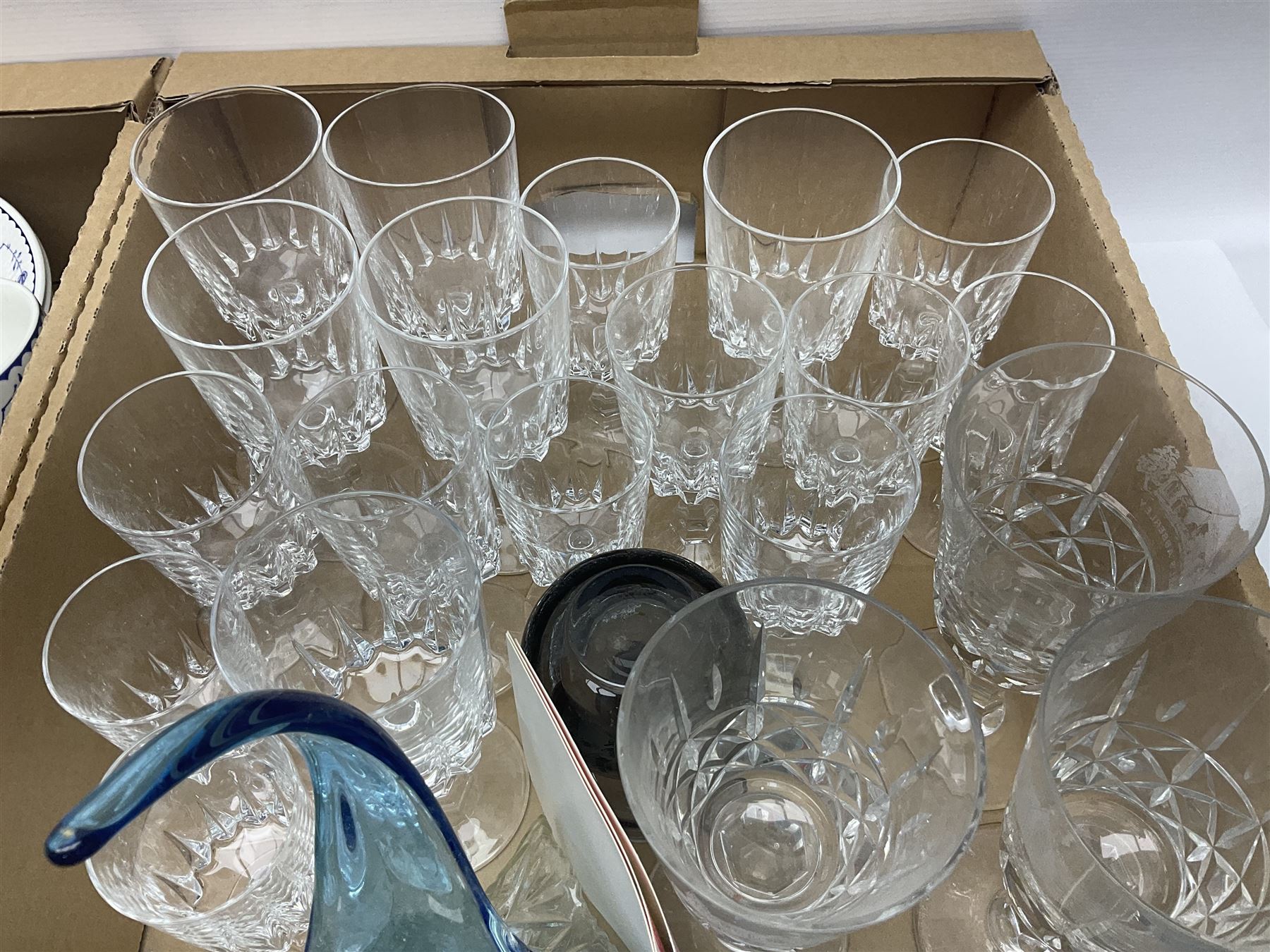 Masons and Furnival Denmark pattern blue and white tea wares, together with a Royal Worcester trinket box, Leedsware bowl and other ceramics and glassware, in four boxes