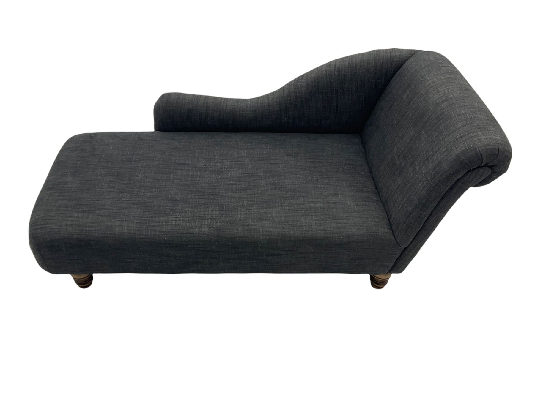 Chaise Longue Company chaise longue upholstered in dark upholstery, righthand scrolling arm