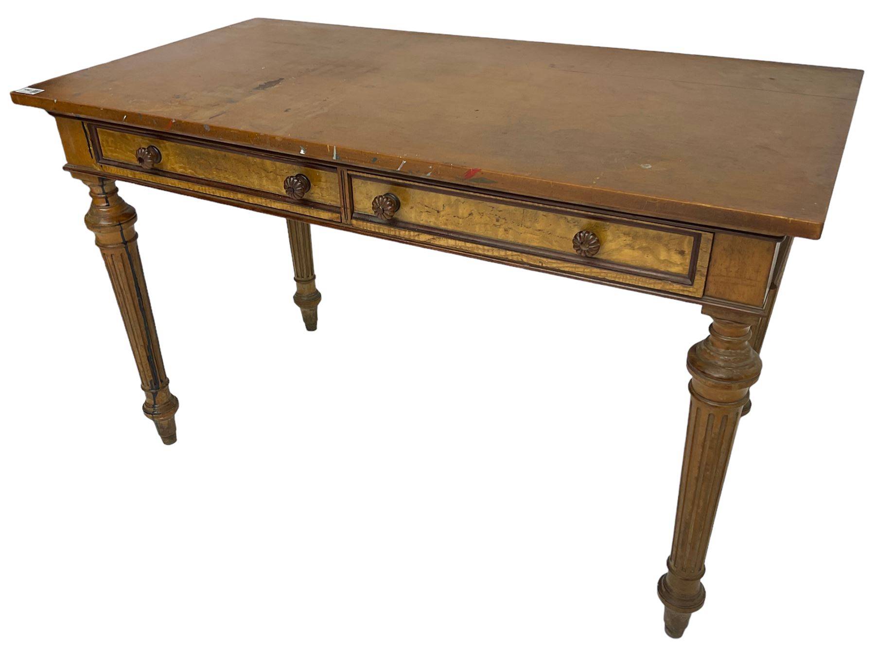 19th century walnut side table, rectangular top over two drawers with elm facias, lobe carved handles and moulded edge in mahogany, on turned and fluted supports 
