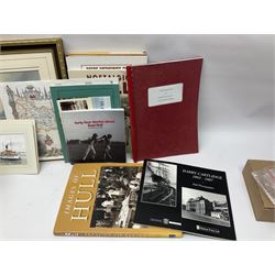 W. Marshall (20th century) - Town Dock Hull; watercolour; gilt frame; two Amy Johnson enamelled brooches as aircraft and Amy Johnson medallion; and quantity of books and booklets of Hull interest