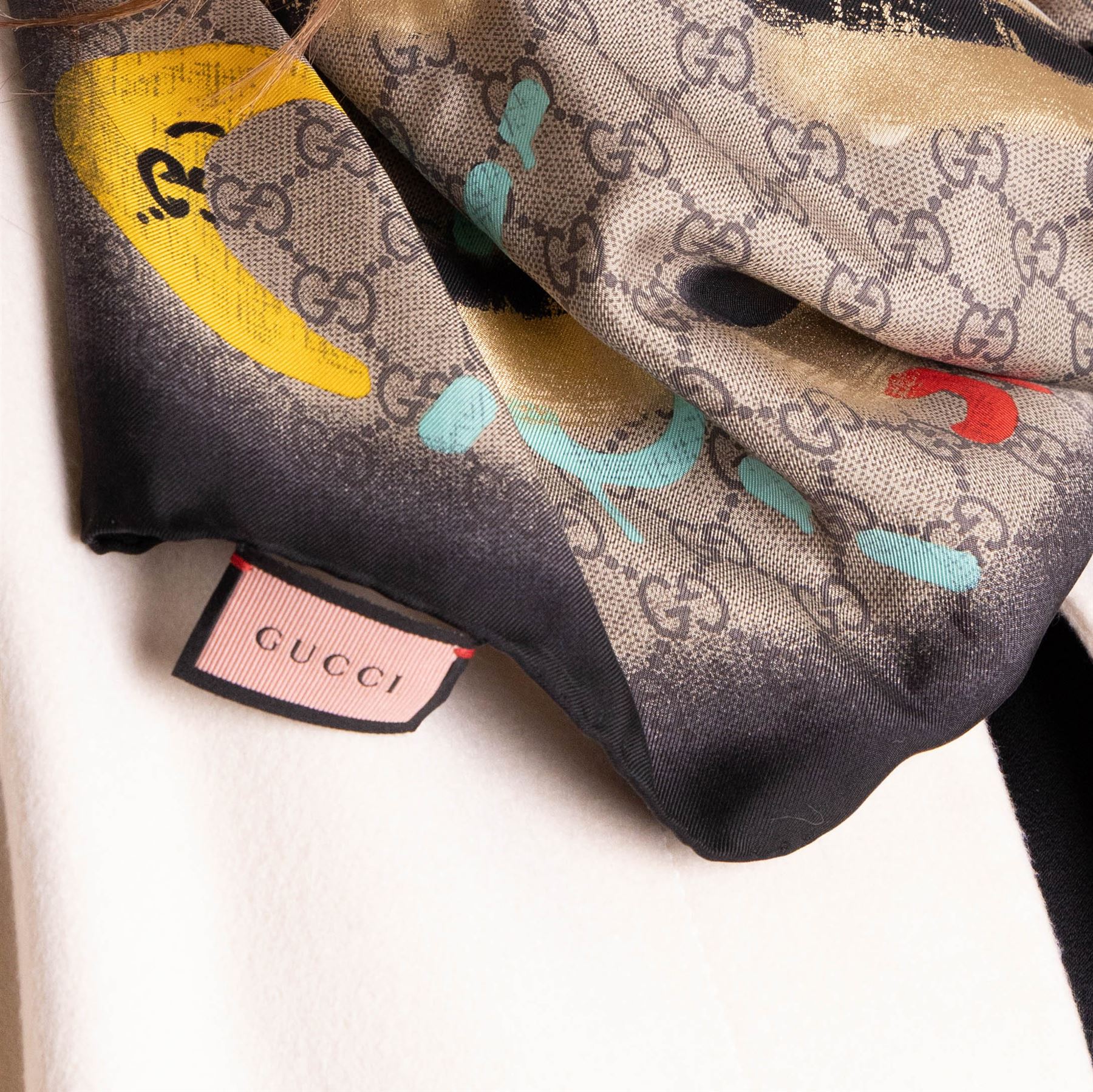 Gucci - 'Gucci Ghost' silk scarf, from the Trouble Andrew collaboration, with graffiti-style logo, heart and signature GG monogram design, 85cm x 85cm, unused with original box and label