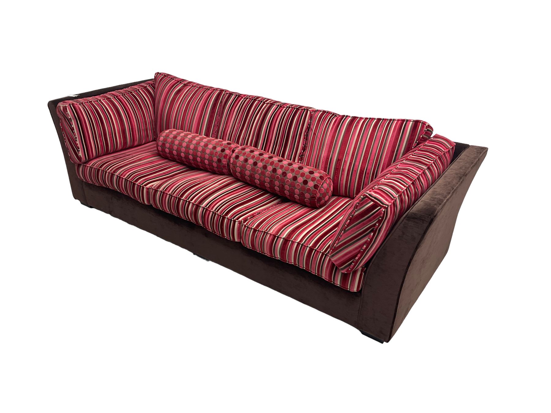 Collins & Hayes - grande three seat sofa upholstered in chocolate fabric, the loose cushions upholstered in textured fuschia stripes with contrasting spotted bolster cushions