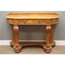  Victorian satin walnut washstand, shaped front with single frieze drawer, carved scrolled supports with undertier, W123cm, H81cm, D56cm  