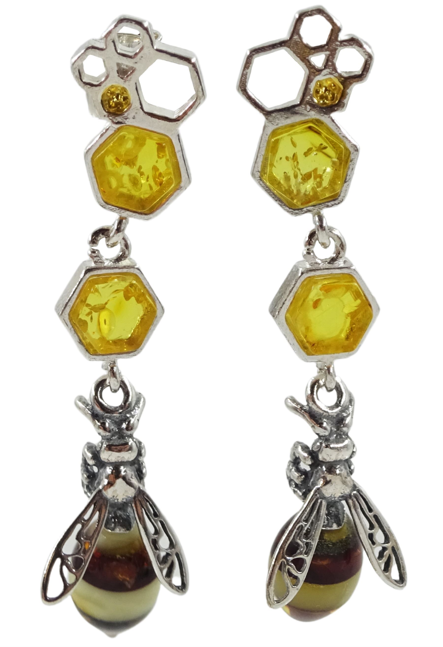 Pair of silver amber honeycomb and bee pendant stud earrings, stamped 925