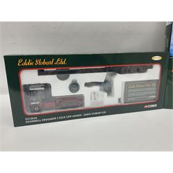 Corgi Eddie Stobart - four heavy haulage vehicles comprising 75201 ERF Curtainside; 75403 Leyland-DAF Curtainside; both in plastic display boxes; CC12610 Scammell Crusader 3 Axle Low Loader; and CC12502 Atkinson Borderer Flatbed Trailer; together with AA30008 Douglas DC-3 Aircraft; all boxed (5)