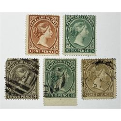 Falkland Islands Queen Victoria 1878 one penny and six pence stamps, both unused and four pence, six pence and one shilling, used, all previously mounted