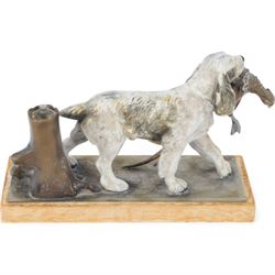 20th century Austrian cold painted spelter table lighter in the form of a spaniel retrieving a pheasant, including base H15.5cm L25cm