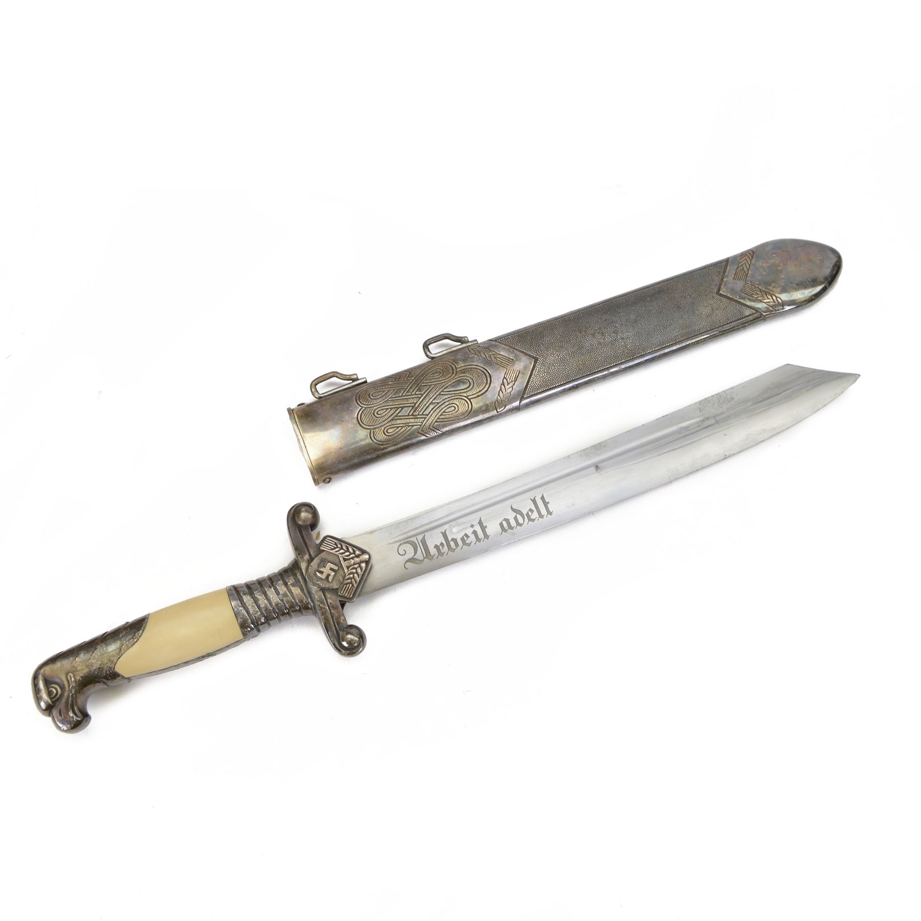 German Third Reich Officers dress hewer, the 26cm blade marked 'Urbeit adelt', the crossguard with RAD badge, ivorine grip and eagle head pommel, in engraved metal scabbard, overall L40cm