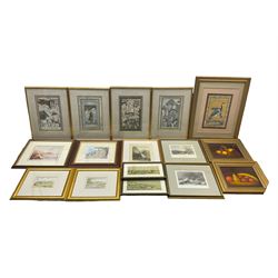 Four 19th century engravings, pair still life oils on board, Oriental prints, Ken W Burton signed prints, reproduction Punch prints, Helen Bradley print, and further pictures (qty)