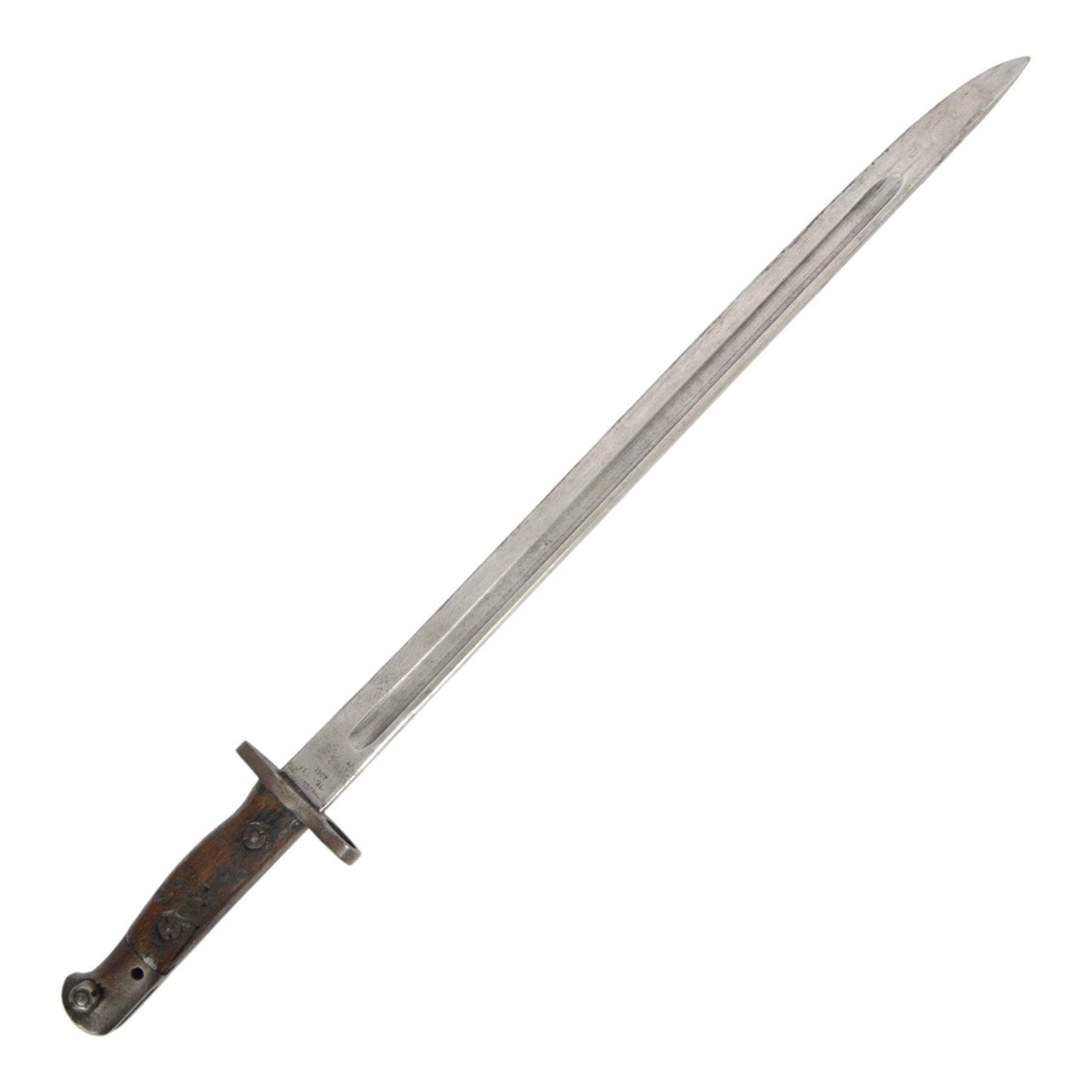 British bayonet, the 44cm blade stamped to the the ricasso Sanders, with wooden two piece grip,  in a steel scabbard with canvas frog, overall L58cm