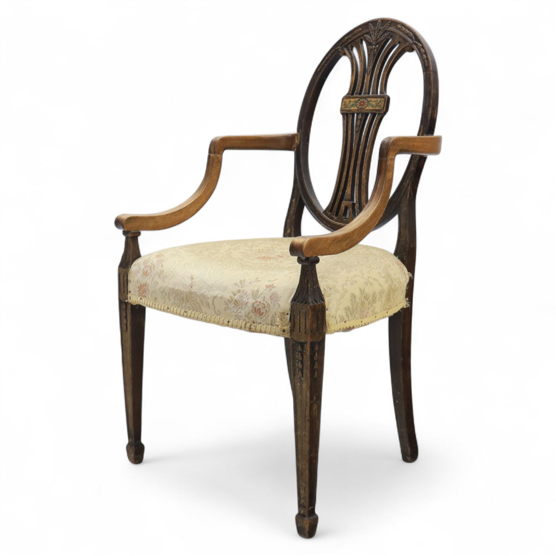 Edwardian painted open armchair, oval back with downswept arms, on carved tapered supports terminating in spade feet