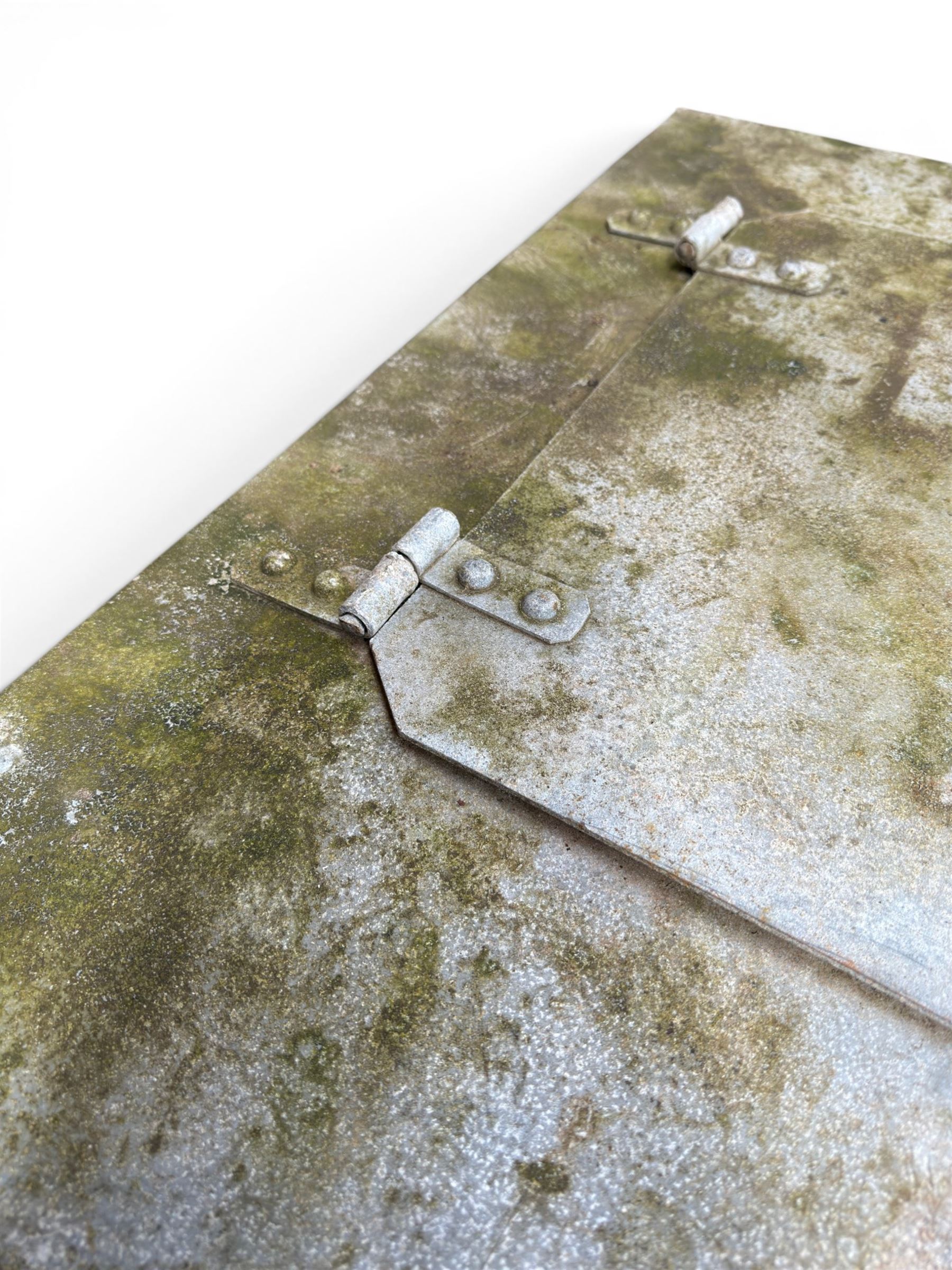 Large early 20th century galvanised water, cube form  with rounded corners and buttoned detail, with tap