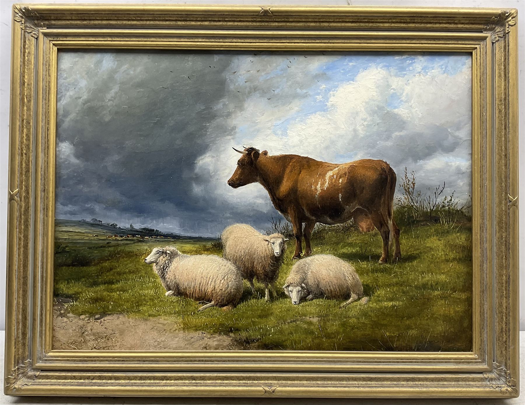Thomas Sidney Cooper (British 1803-1902): Cow and Sheep under a Brooding Sky, oil on board, signed and dated 1897 verso with artist's wax seal 40cm x 55cm 