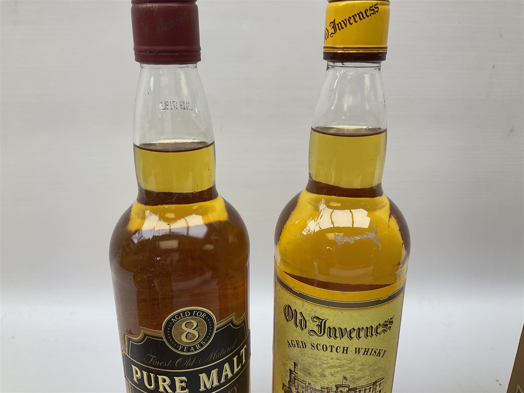 Mixed alcohol comprising Old Inverness Aged Scotch whisky, J.G.Thomson & Co, two bottles of White Horse Fine Old Scotch whisky, Three Barrels VSOP French Brandy in box etc, five bottles, various contents and proofs