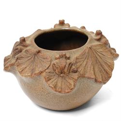 Bernard Rooke (1938-) - small stoneware vase, the rim formed as lily pads and frogs in a brown glaze H9cm, purchased from The Mill Gallery, Swilland,  Ipswich
