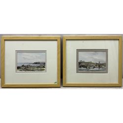 John Freeman (British 1942-): 'Whitby Harbour' 'Holy Island' Snow Scene and View Over Whitby, set of four watercolours signed and dated '75 through '79, variously titled verso 9cm x 13cm (4)