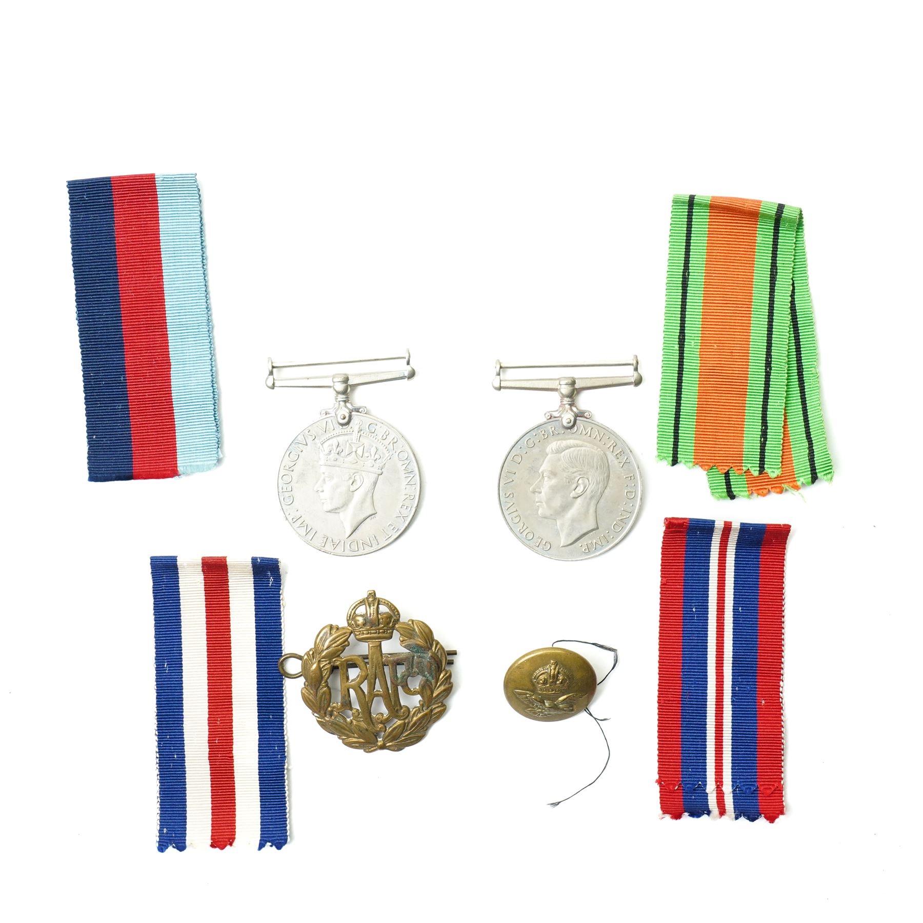 S. Halkyard - Group of four WWII medals comprising War Medal, Defence Medal, France & Germany Star and 1939-45 Star in box of issue, RAF badge and button