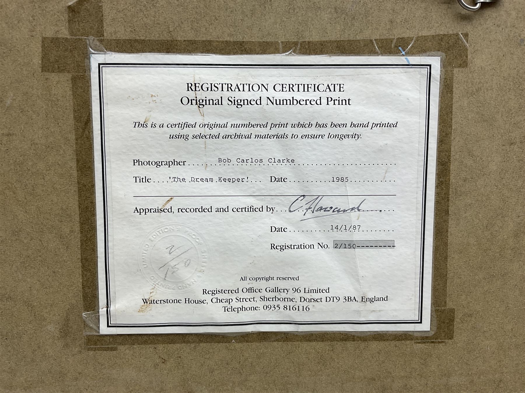 Bob Carlos-Clarke (British 1950-2006): 'The Dream Keeper', limited edition photograph signed and numbered 2/150 in pen, gallery label verso 21cm x 33cm