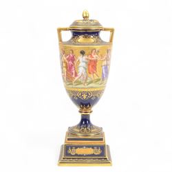 Late 19th century Vienna twin handled urn and cover decorated with classical figures on a ...