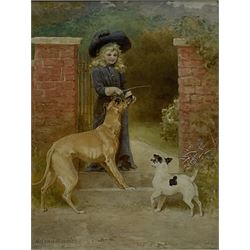 Helena Maguire (British 1860-1909): Girl at the Garden Gate with Two Dogs, watercolour signed 28cm x 21cm
