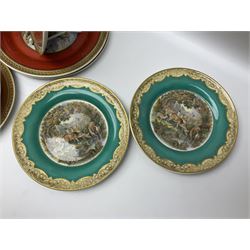 19th century Prattware table ware to include an oval footed dish decorated with a scene after Landseer 'Highland Music', retailed by James Muggleton L27.5cm, ‘The Truant’ plate after T. Webster, 'Blind Man's Buff' & 'Snap Dragon' tea plate, two side plates with malachite printed borders and others (17)