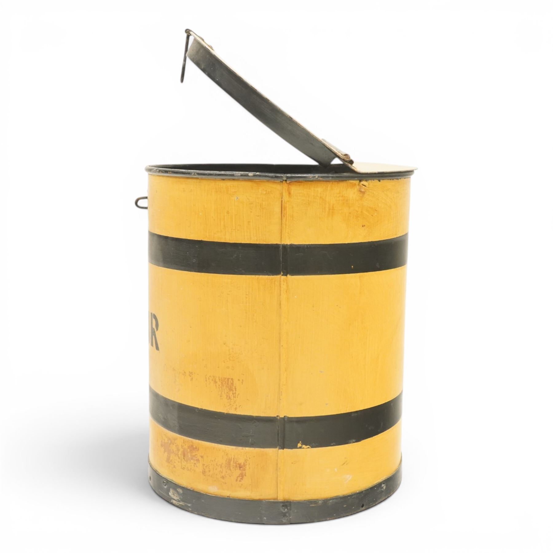 Early 20th century painted pine flour bin, cylindrical form with hinged circular cover, yellow painted ground with black painted bands and stencilled ‘FLOUR’ lettering, fitted with iron hasp and staple fastening