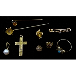  Gold turquoise and cubic zirconia cluster ring, citrine heart pendant, pearl pendant, stick pins, two earrings all 9ct stamped, hallmarked or tested, 15ct gold cross pendant hallmarked and one other stick pin  